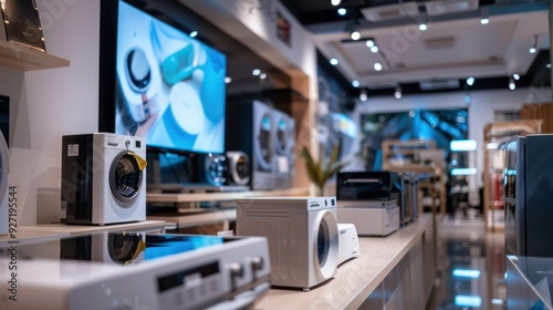 Close-up of smart home appliances displayed in a modern home showroom.