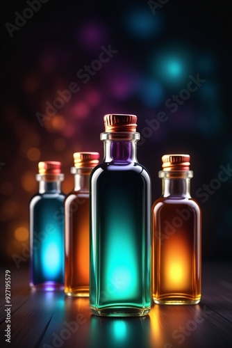 Many glowing colorful oils in bottles, vertical composition