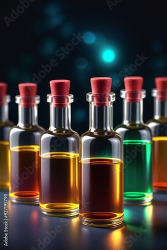 Many glowing colorful oils in bottles, vertical composition