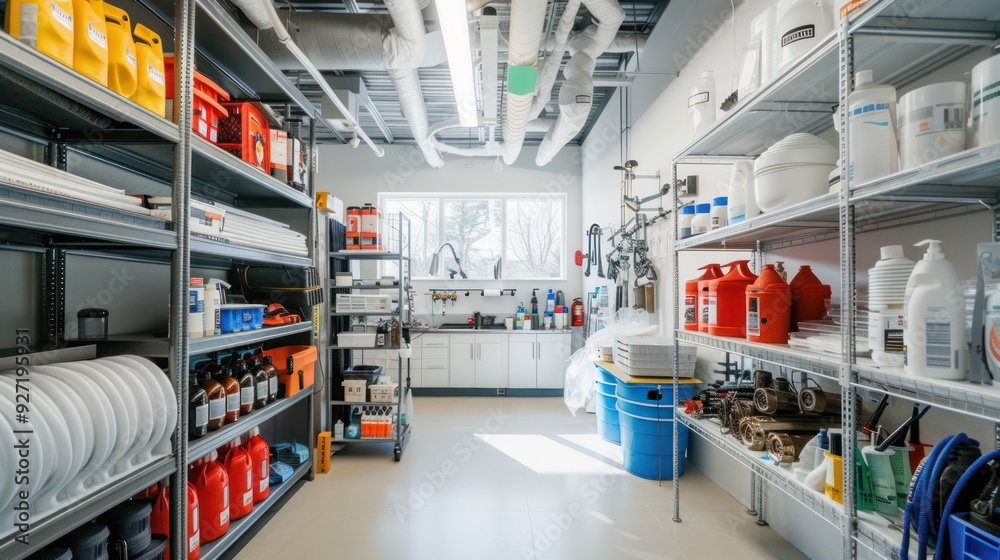 Wide shot of a well-organized plumbing showroom with plumbing solutions. Wide shot of a well-organized plumbing showroom with plumbing solutions.