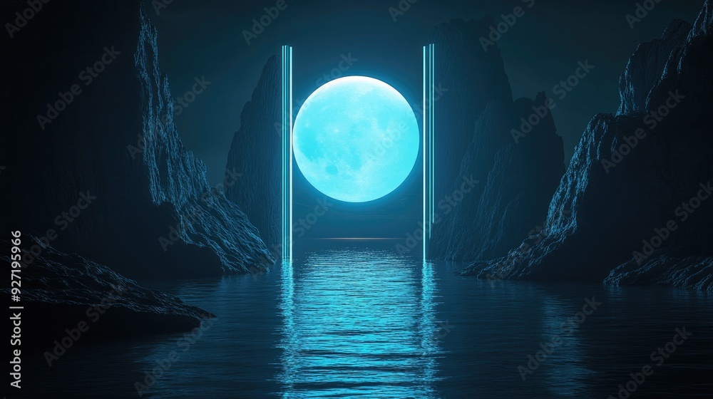 Fototapeta premium A blue moon shines through a glowing portal. The image is perfect for fantasy, sci-fi, and otherworldly themes.