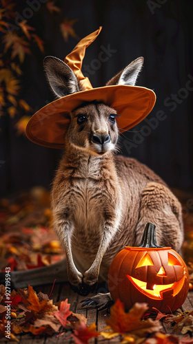 Cute halloween kangaroo with witch's hat, pumpkin and jack-o-lantern. Australian halloween. Vertical frame fot instagram story or tiktok photo