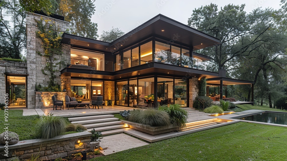 Modern home with large windows, stone walls, and a swimming pool. Modern home with large windows, stone walls, and a swimming pool.