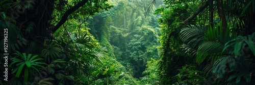 A lush green jungle scene, showcasing dense foliage and vibrant plant life.
