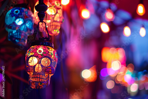 halloween decoration, colorful lanterns shaped as mexicam skulls, dia de los muertes photo