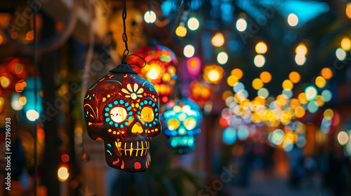 halloween decoration, colorful lanterns shaped as mexicam skulls, dia de los muertes photo