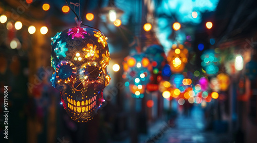 halloween decoration, colorful lanterns shaped as mexicam skulls, dia de los muertes photo