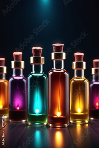 Many glowing colorful oils in bottles, vertical composition