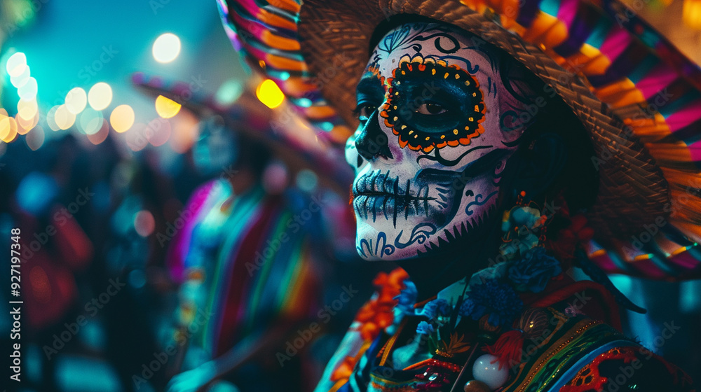 Fototapeta premium Halloween banner. Dia de los Muertes, street party, woman wearing mexican hat and catrina makeup on his face 