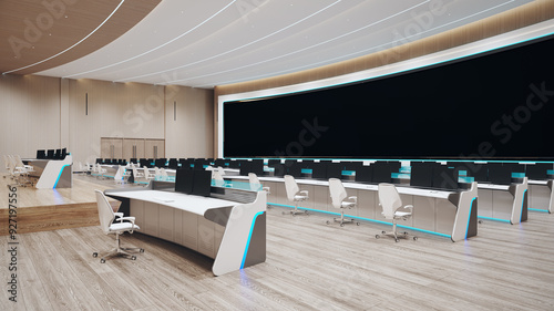 Modern high tech command center. Headquarters of the army command. Future military or astronomy base. 3d render illustration.