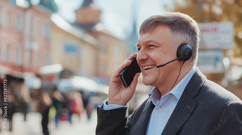 A middle-aged Caucasian man enjoys a phone conversation while wearing a headset, smiling amidst a bustling city background on a sunny day. A middle-aged Caucasian man enjoys a phone conversation while wearing a headset, smiling amidst a bustling city background on a sunny day.