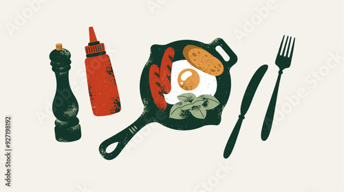 Breakfast illustration. Frying pan with eggs and sausages. Pepper pot with ketchup.