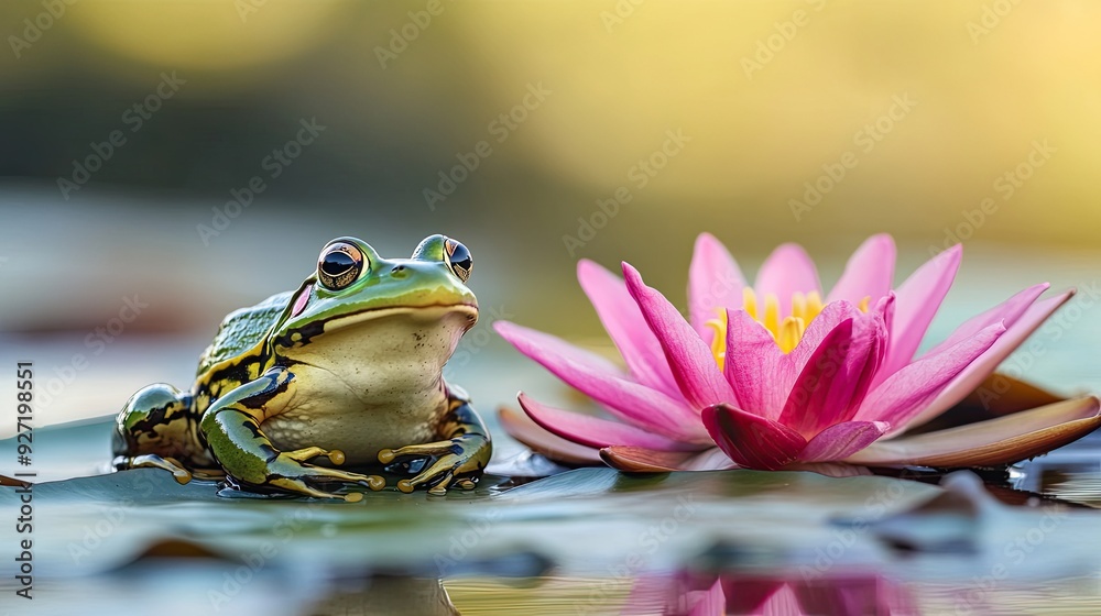A frog sitting on a lily pad. Perfect for nature, wildlife, and tranquility themes. A frog sitting on a lily pad. Perfect for nature, wildlife, and tranquility themes.