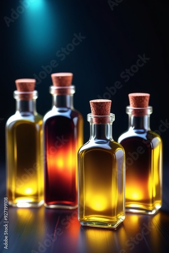 Many glowing colorful oils in bottles, vertical composition