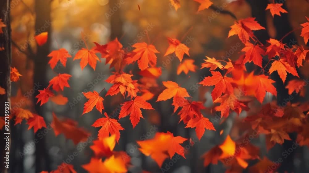 Red Maple Leaves - Windy Flying Loop - Flying animation of red maple leaves Beautiful golden forest and leaves falling down loopable autumn animation
