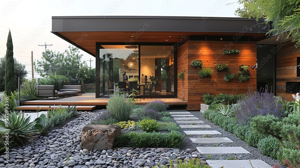 Obraz premium Modern home with stone pathway and lush landscaping.