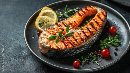 Grilled salmon steak on a black plate. Perfect for a recipe for grilled salmon or a healthy meal.