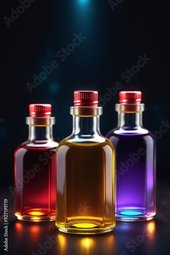 Many glowing colorful oils in bottles, vertical composition