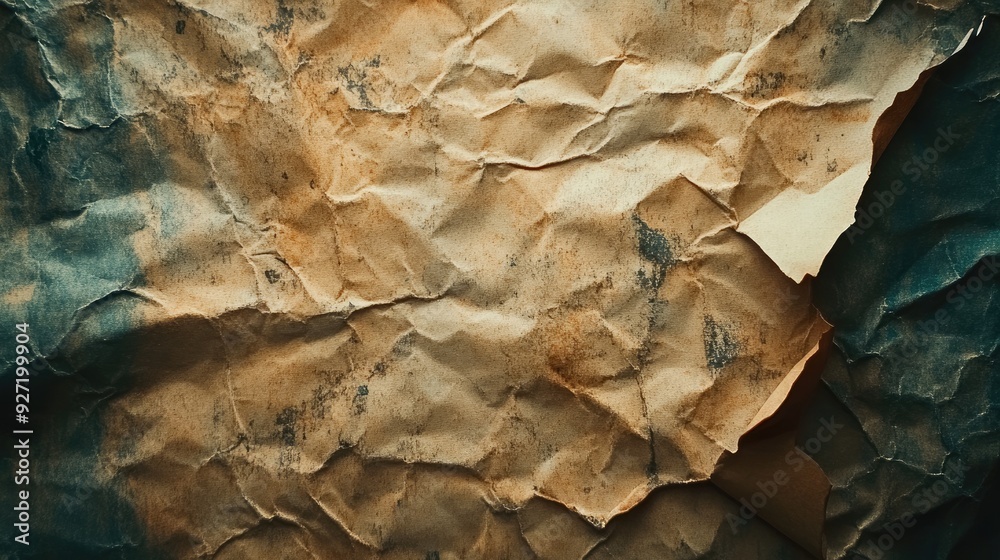 Naklejka premium Crinkled, weathered paper with a textured surface. This image can be used as a background for vintage or rustic designs.