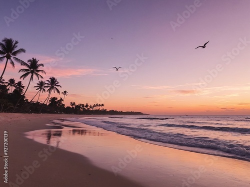 A breathtaking view of a serene beach during sunset. The sky is painted with hues of orange, pink, and purple as the sun dips below the horizon