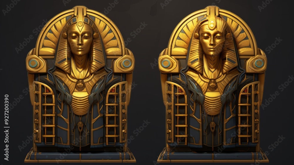 Beautiful golden sarcophagus with ornaments on dark background. Neural network ai generated art Beautiful golden sarcophagus with ornaments on dark background. Neural network ai generated art