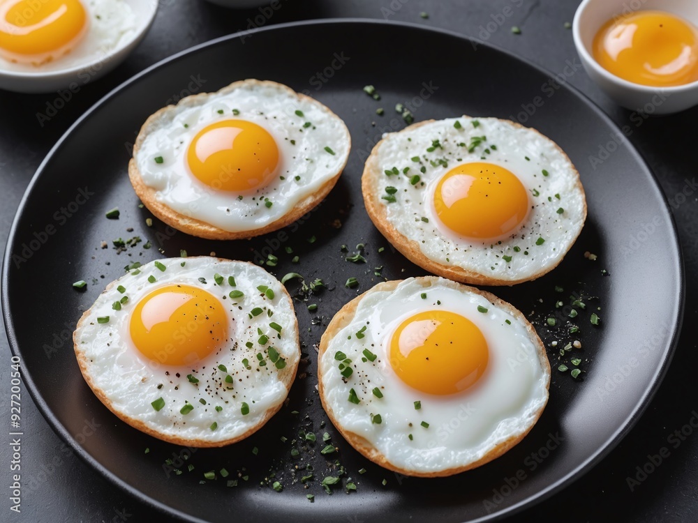A detailed image showcasing a trio of fried eggs with glistening, runny yolks and translucent whites A detailed image showcasing a trio of fried eggs with glistening, runny yolks and translucent whites