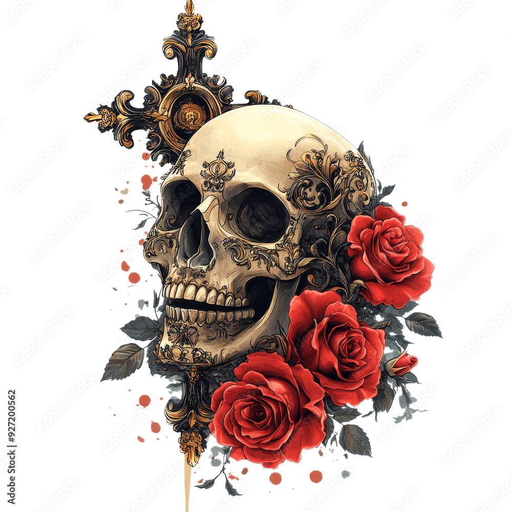 Ornate Skull with Red Roses and Intricate Designs on Black Background Ornate Skull with Red Roses and Intricate Designs on Black Background