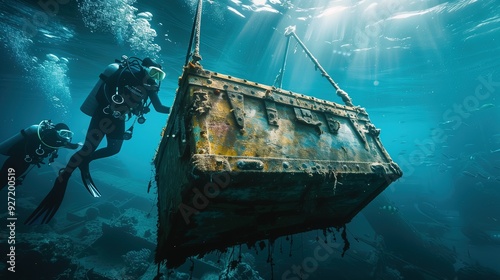 Two scuba divers explore an underwater shipwreck, a large wooden chest in the foreground.