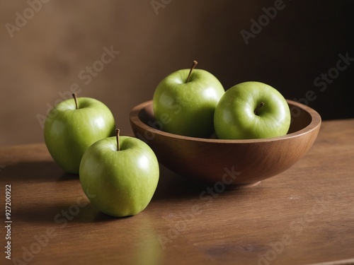 A rustic wooden table with a brown bowl overflowing with green apples