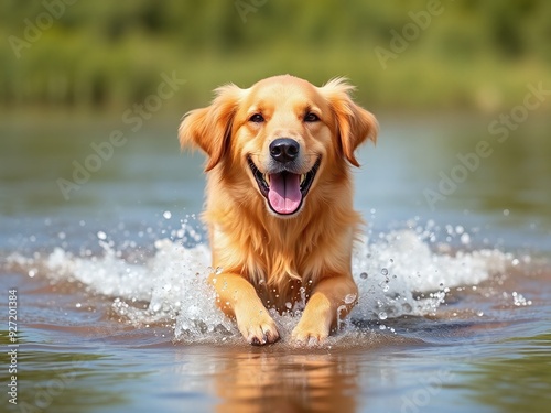 Happy golden retriever dog is running through the water in nature on a sunny day