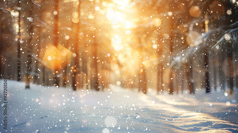 Snowy forest scene with abstract shiny lights Snowy forest scene with abstract shiny lights