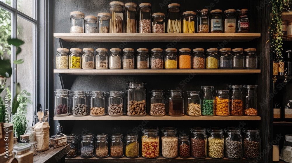 A well-stocked pantry with various ingredients. This photo is ideal for showcasing the abundance and variety of a pantry, making it a great choice for food-related websites or articles. A well-stocked pantry with various ingredients. This photo is ideal for showcasing the abundance and variety of a pantry, making it a great choice for food-related websites or articles.