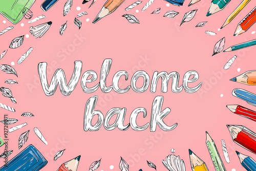 Back to school horizontal Banner. Welcome back text on pink background with pencils, leaves and color pencils. Back to school or work concept