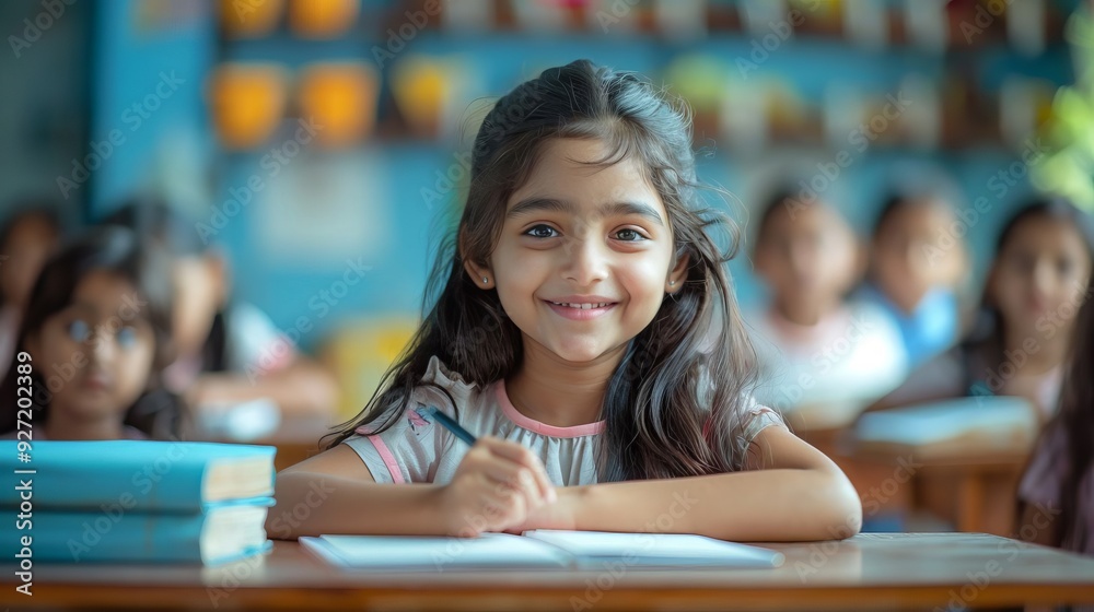 Portrait of Pretty Indian Girl Student Smiling in Classroom Portrait of Pretty Indian Girl Student Smiling in Classroom
