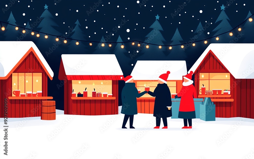 Festive Christmas market scene with cozy wooden stalls, snow, and cheerful shoppers enjoying the holiday spirit. Festive Christmas market scene with cozy wooden stalls, snow, and cheerful shoppers enjoying the holiday spirit.