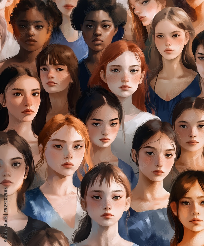 Close-up illustration of diverse women, each with unique facial features and expressions, in a painterly art style. The image emphasizes diversity, beauty, and individuality. Close-up illustration of diverse women, each with unique facial features and expressions, in a painterly art style. The image emphasizes diversity, beauty, and individuality.