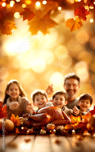 Joyful family gathering with children celebrating Thanksgiving surrounded by autumn leaves and a turkey.