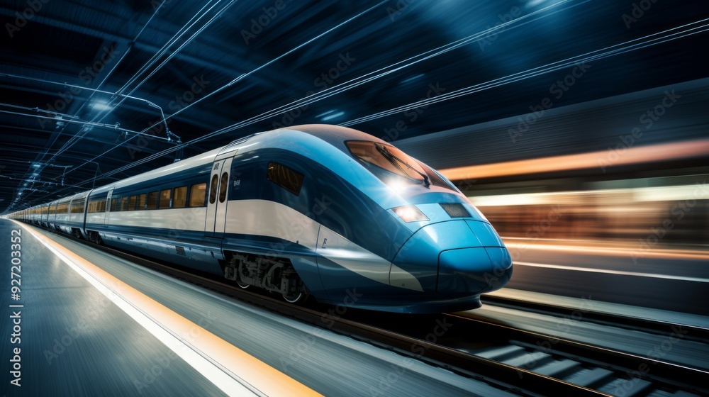 High speed train in motion on the railway station at sunset. Neural network ai generated art