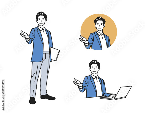 案内する男性_オフィスカジュアルの立ち姿