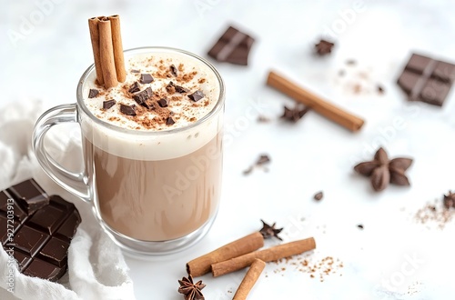 Glass Mug of Coffee with Cream, Chocolate Pieces, and Cinnamon Sticks on White Fabric, Soft Pastel Background, Elegant Knitted Blanket, Coffee Beans, Realistic Photography