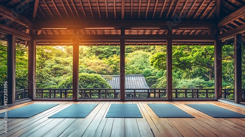 A serene yoga studio with wooden flooring, featuring four yoga mats set against large windows overlooking a lush forest, bathed in warm evening light.