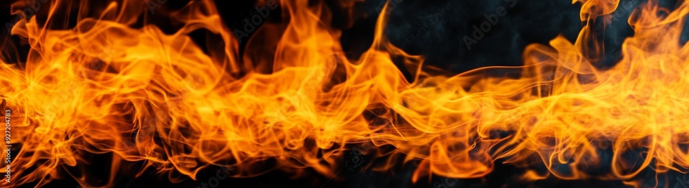 Horizontal banner of fire flames on a black background with ample copy space for text, showcasing abstract textures of orange and yellow flames, ideal for hot energy concepts. Horizontal banner of fire flames on a black background with ample copy space for text, showcasing abstract textures of orange and yellow flames, ideal for hot energy concepts.