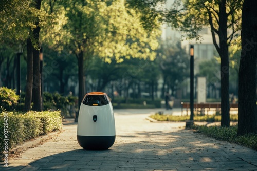 Autonomous Robot Patrolling City Park Pathway photo