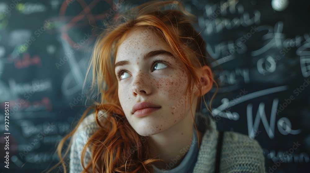 Student Gazing at Complex Mathematical Equation on Blackboard with Curiosity and Doubt Student Gazing at Complex Mathematical Equation on Blackboard with Curiosity and Doubt