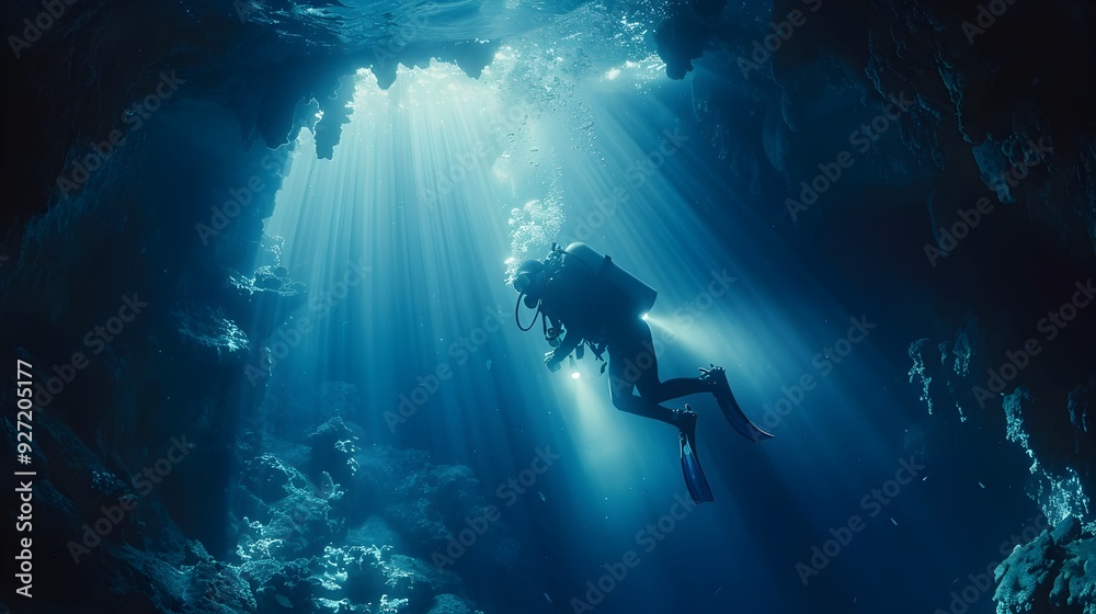 Fototapeta premium Diver Exploring Mysterious Underwater Cave with Curious Doubt