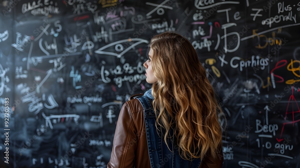 Student Gazing at Complex Mathematical Equation on Blackboard with Curious yet Doubtful Expression Student Gazing at Complex Mathematical Equation on Blackboard with Curious yet Doubtful Expression