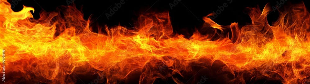Horizontal banner of fire flames on a black background with ample copy space for text, showcasing abstract textures of orange and yellow flames, ideal for hot energy concepts. Horizontal banner of fire flames on a black background with ample copy space for text, showcasing abstract textures of orange and yellow flames, ideal for hot energy concepts.