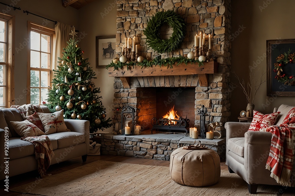 Fototapeta premium A fireplace with christmas decorations in a rustic and cozy living room
