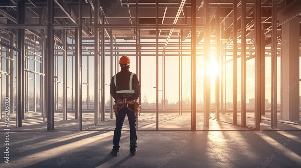 Engineer in a Sunlit Construction Site Surrounded by Wooden Frames and Steel Beams, Wearing Helmet and Black Jacket, Observing the Progress from Behind Engineer in a Sunlit Construction Site Surrounded by Wooden Frames and Steel Beams, Wearing Helmet and Black Jacket, Observing the Progress from Behind