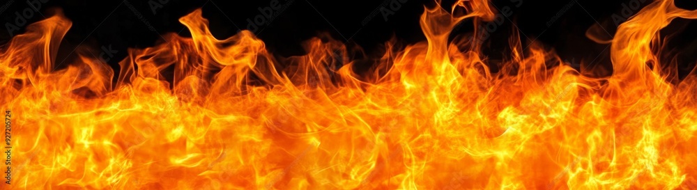Horizontal banner of fire flames on a black background with ample copy space for text, showcasing abstract textures of orange and yellow flames, ideal for hot energy concepts. Horizontal banner of fire flames on a black background with ample copy space for text, showcasing abstract textures of orange and yellow flames, ideal for hot energy concepts.